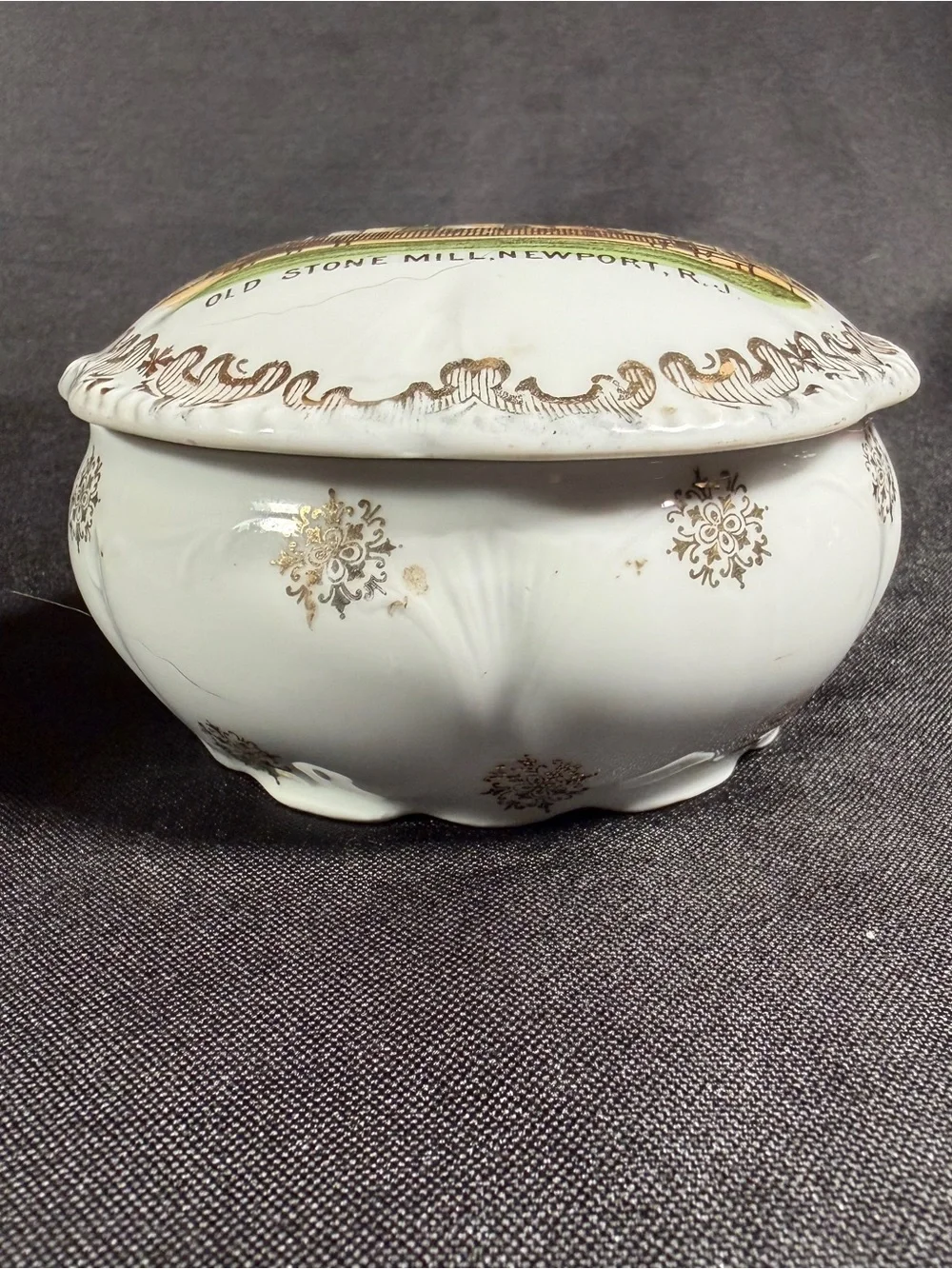 Antique Newport RI Trinket Box- Old Stone Mill Porcelain Souvenir ( 1891-1914)